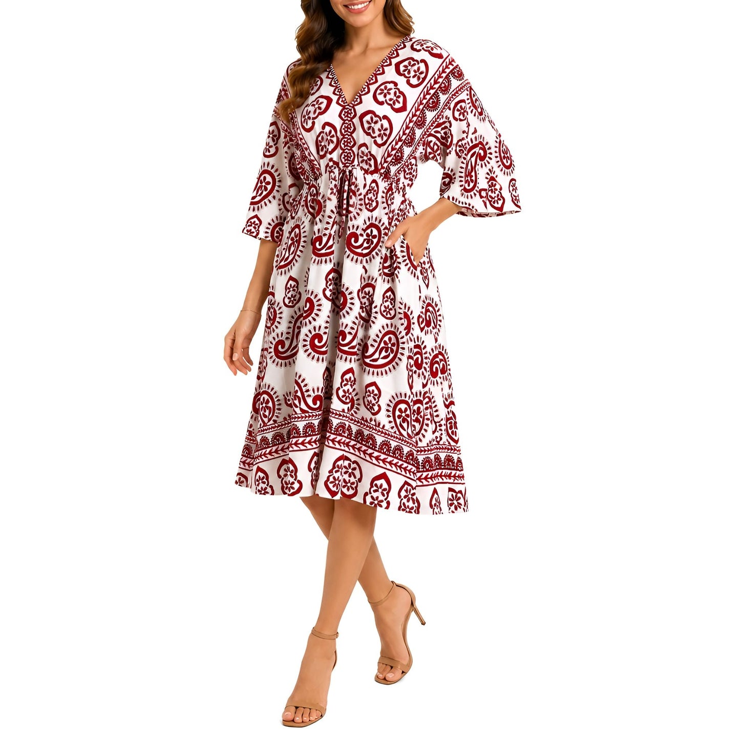 Paisley V-Neck Midi Dress - Red