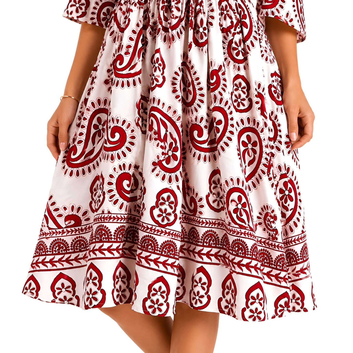 Paisley V-Neck Midi Dress - Red
