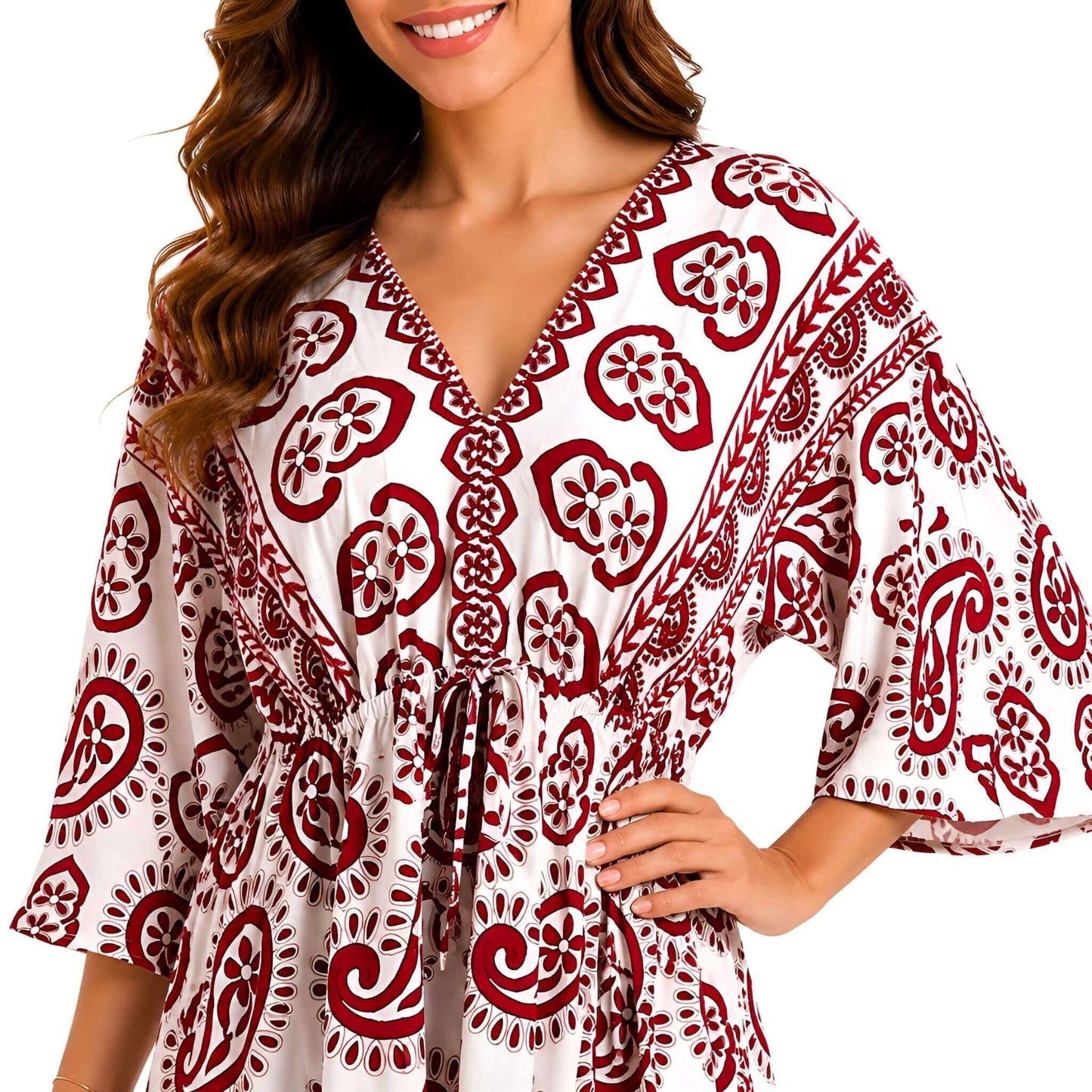 Paisley V-Neck Midi Dress - Red