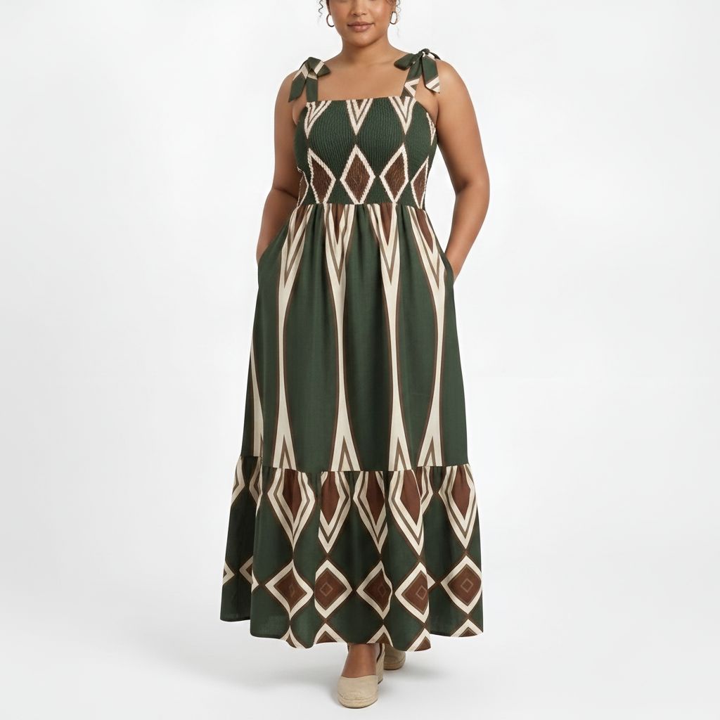 Bohemian Smocked Maxi Dress - Olive/Brown