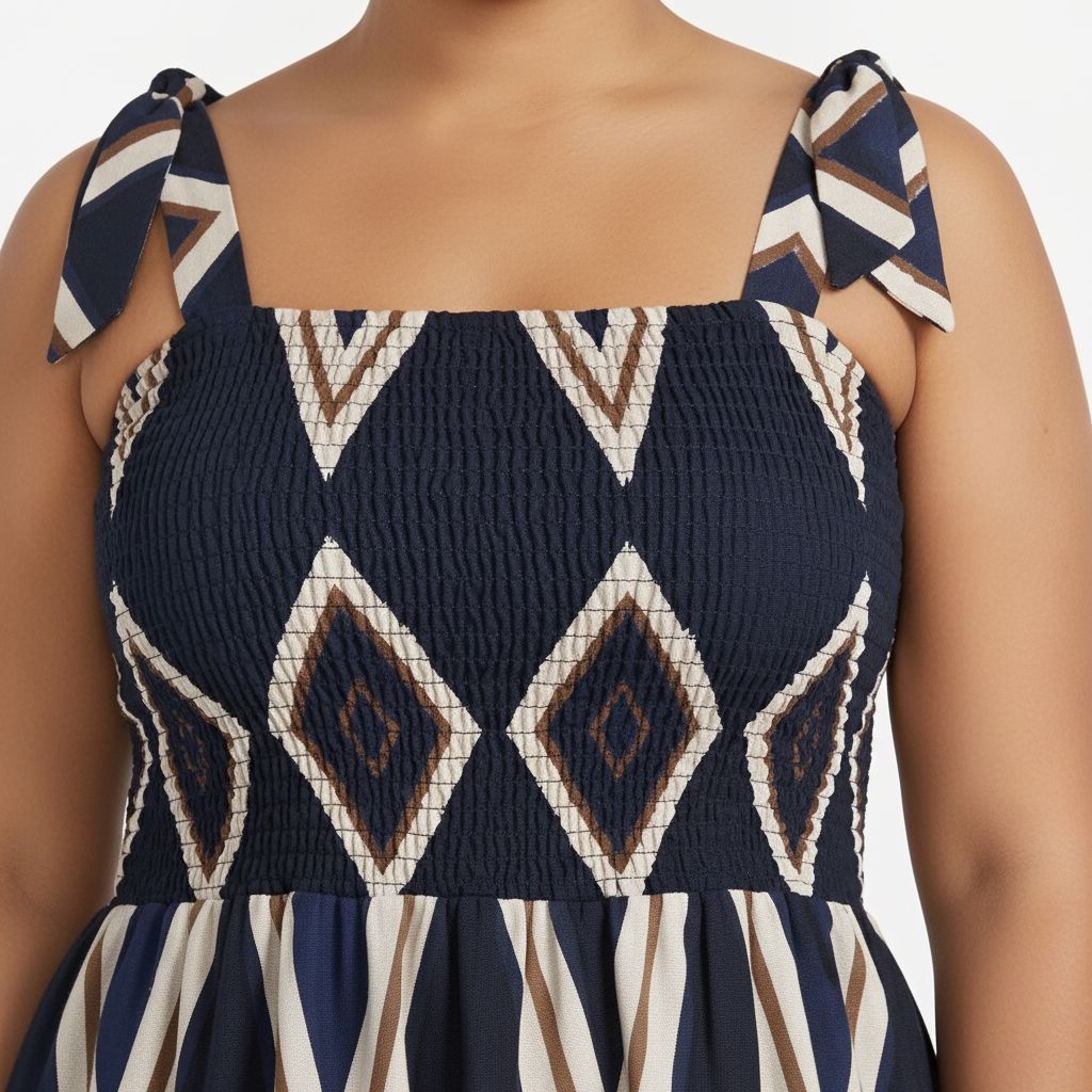 Bohemian Smocked Maxi Dress - Navy/Tan