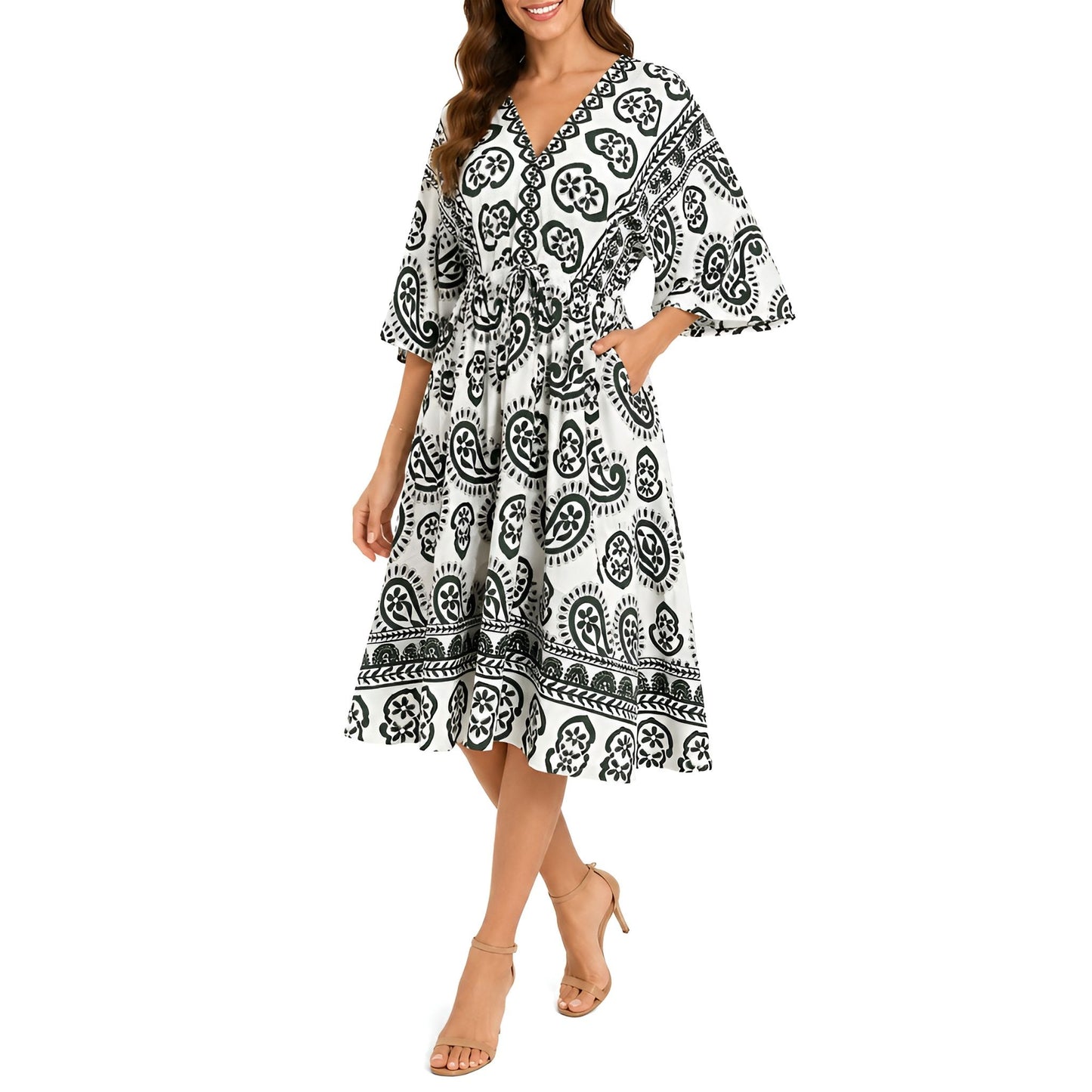 Paisley V-Neck Midi Dress - Green