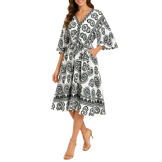 Paisley V-Neck Midi Dress - Green
