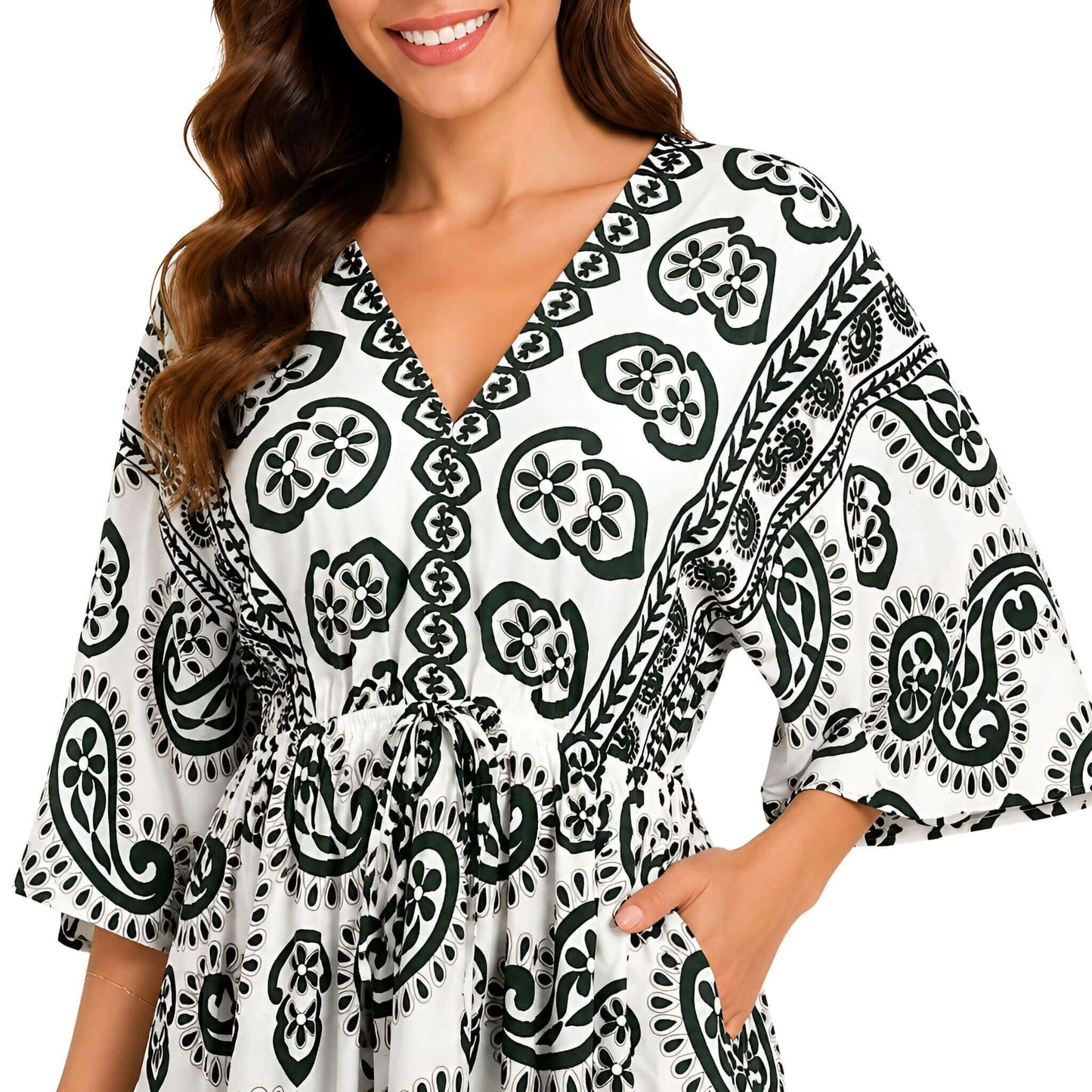 Paisley V-Neck Midi Dress - Green