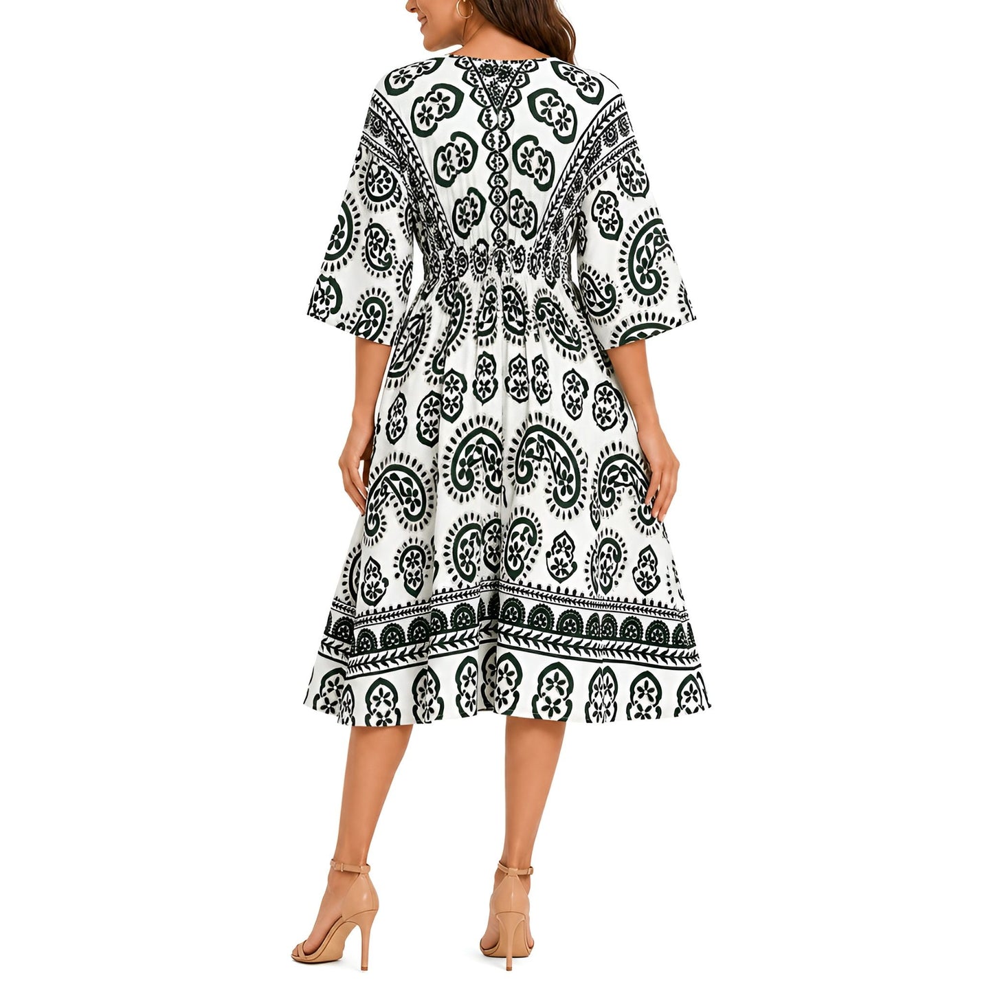 Paisley V-Neck Midi Dress - Green
