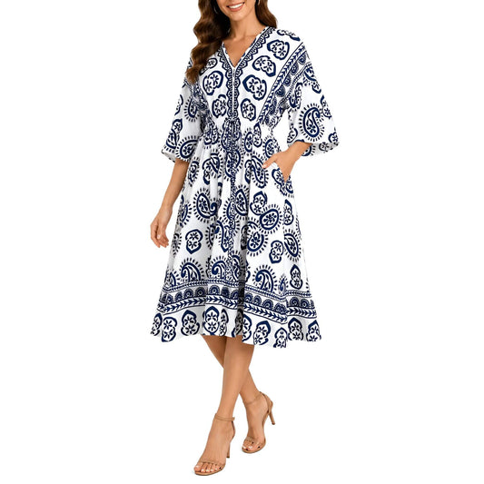 Paisley V-Neck Midi Dress - Navy