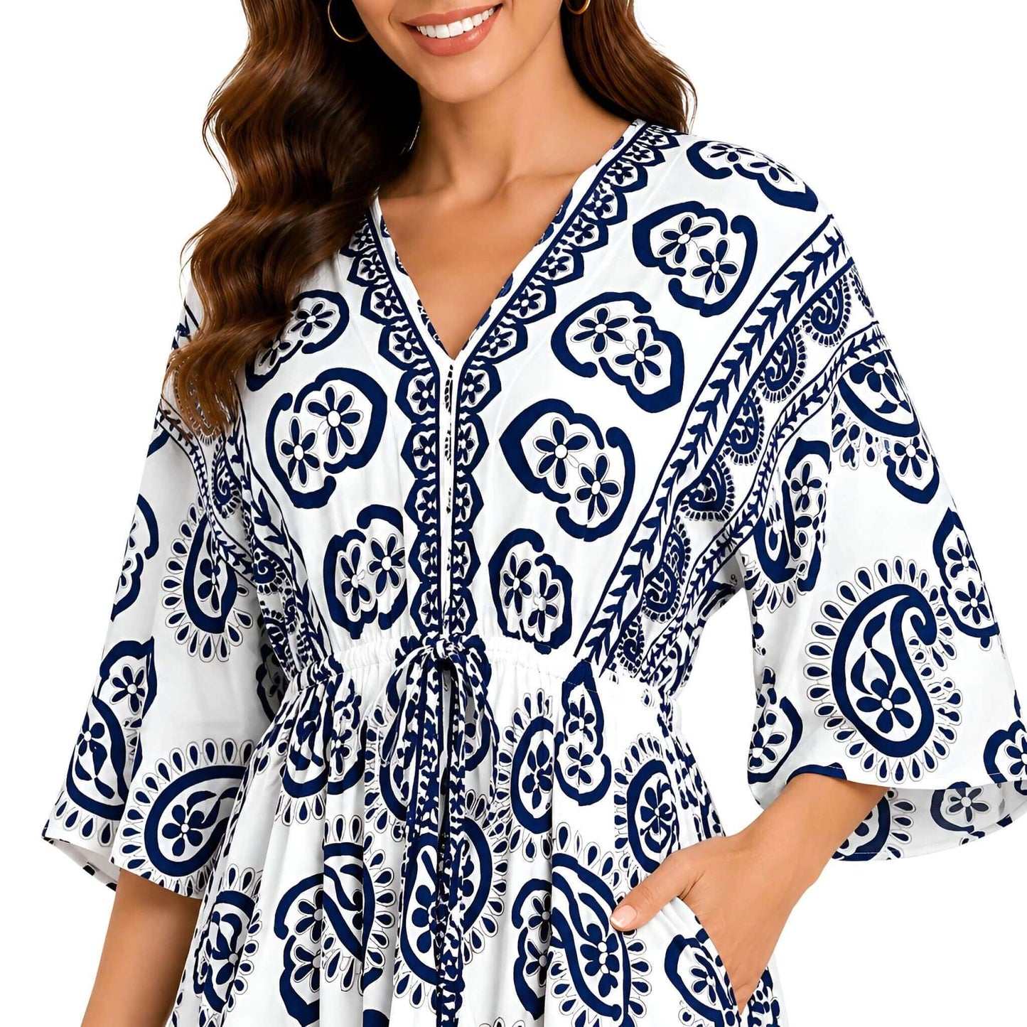 Paisley V-Neck Midi Dress - Navy