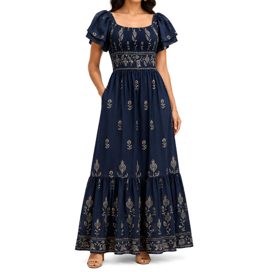 Navy Embroidered Maxi Dress