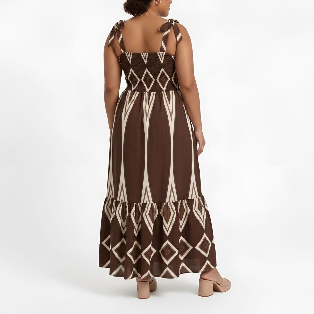 Bohemian Smocked Maxi Dress - Chocolate/Cream