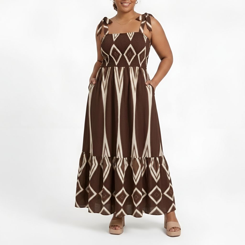Bohemian Smocked Maxi Dress - Chocolate/Cream