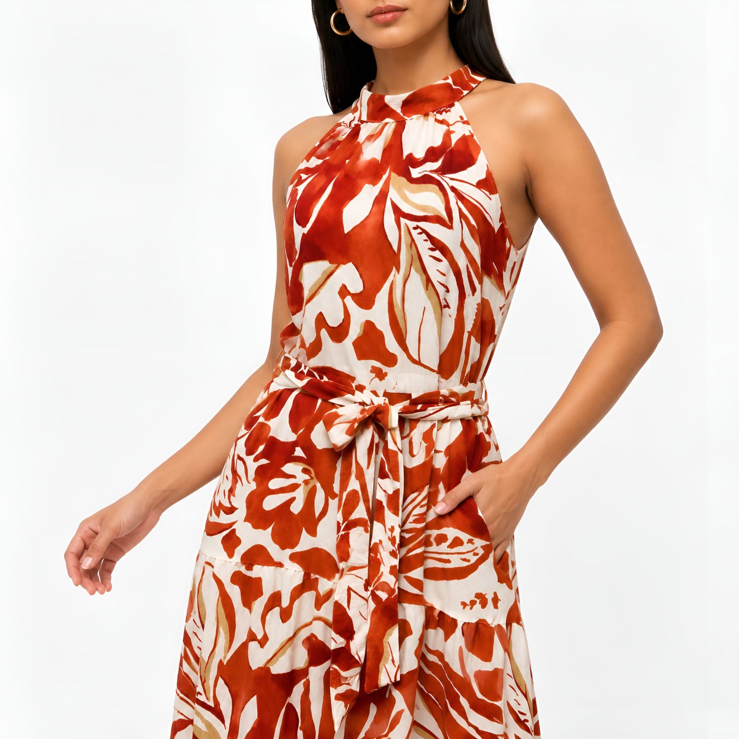Orange Floral Halter Neck Maxi Dress