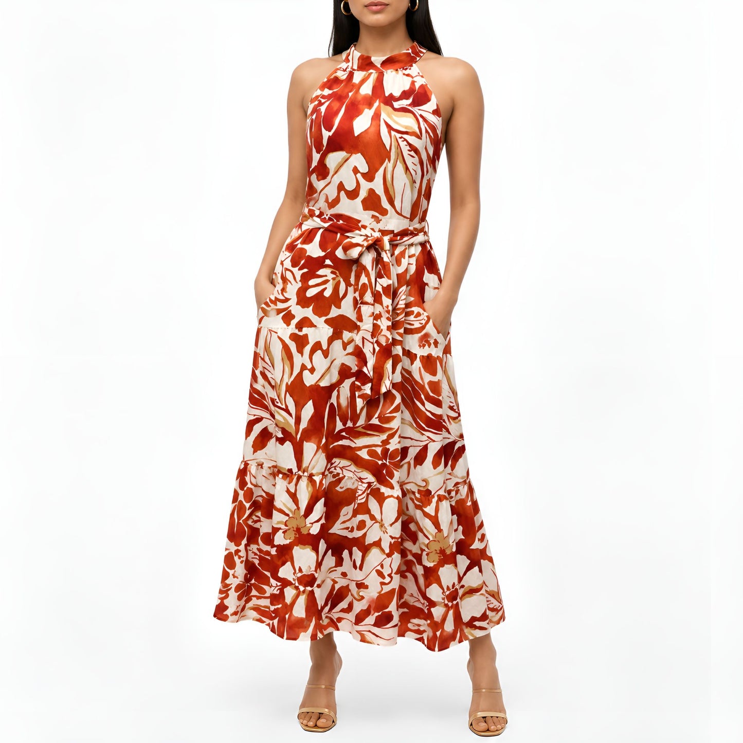 Orange Floral Halter Neck Maxi Dress