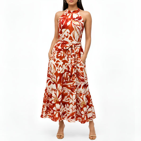 Orange Floral Halter Neck Maxi Dress