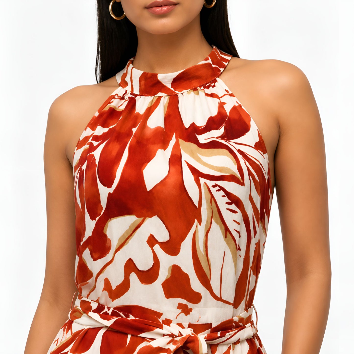 Orange Floral Halter Neck Maxi Dress
