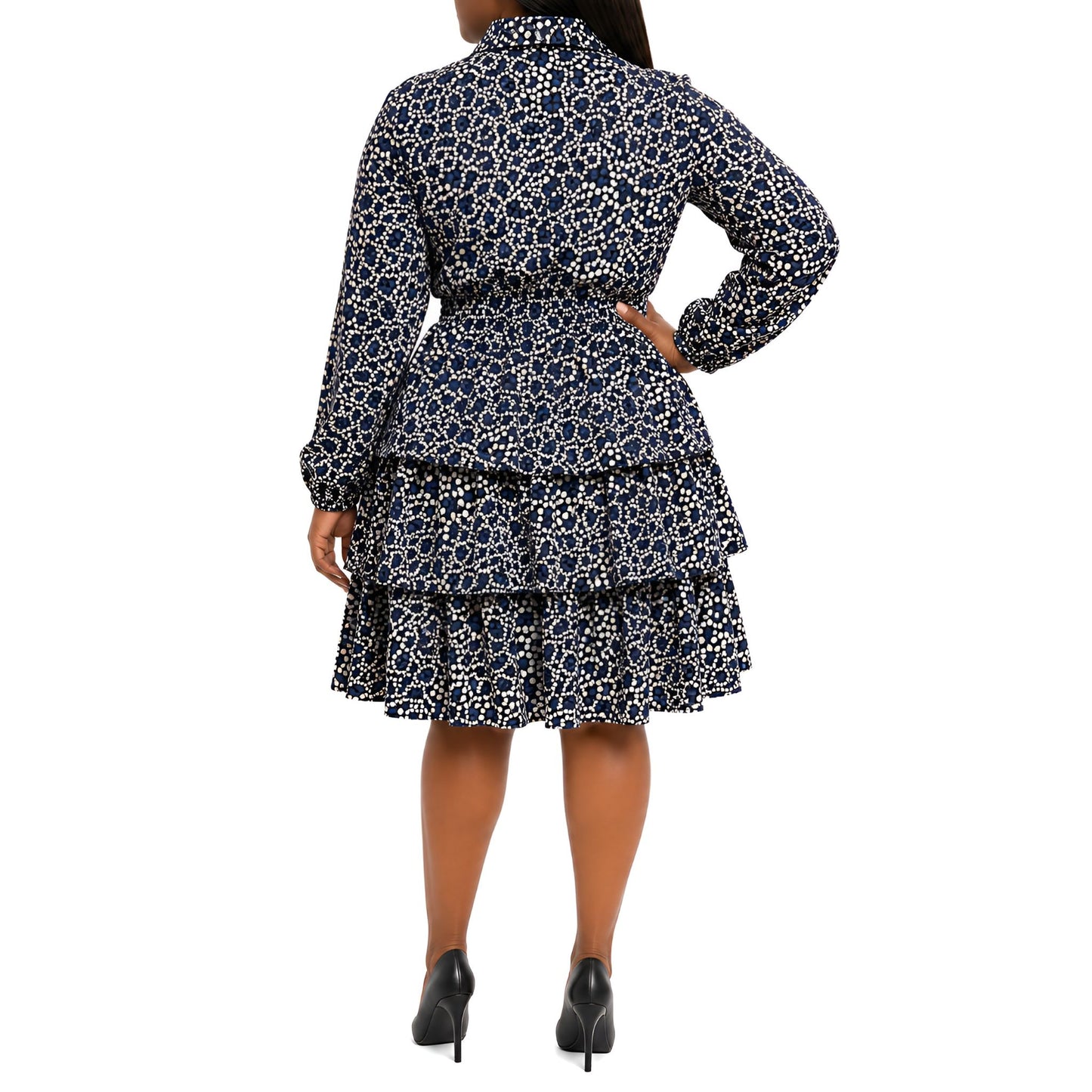 Polka Dot Plus Size Tiered Shirt Dress – Navy Multi