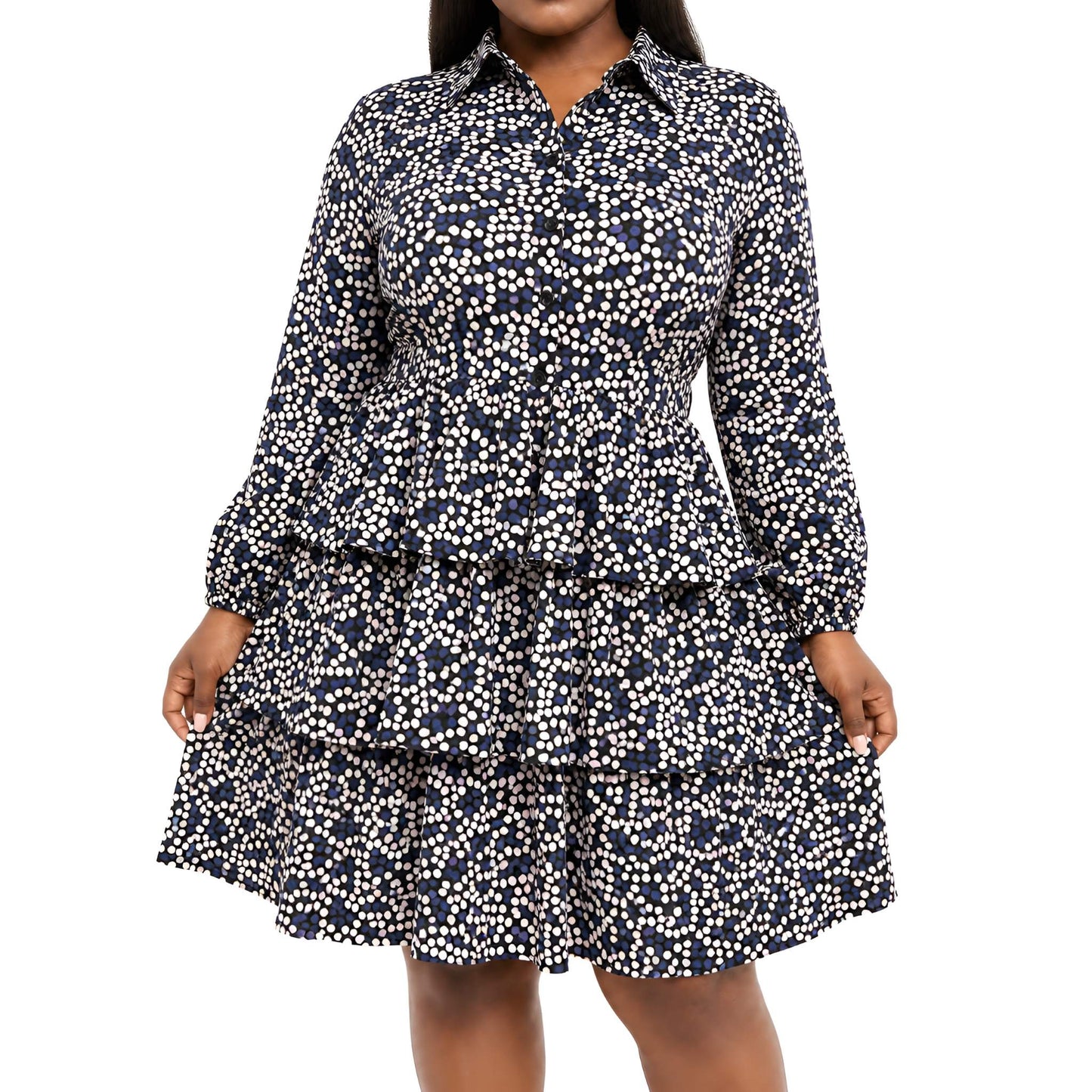 Polka Dot Plus Size Tiered Shirt Dress – Navy Multi