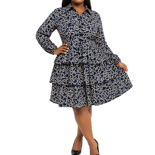 Polka Dot Plus Size Tiered Shirt Dress – Navy Multi