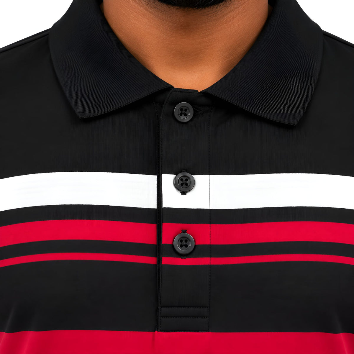 Men’s Striped Cotton Blend Golfer – Black, Red & White