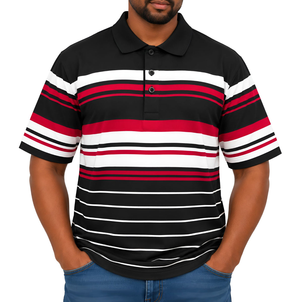 Men’s Striped Cotton Blend Golfer – Black, Red & White