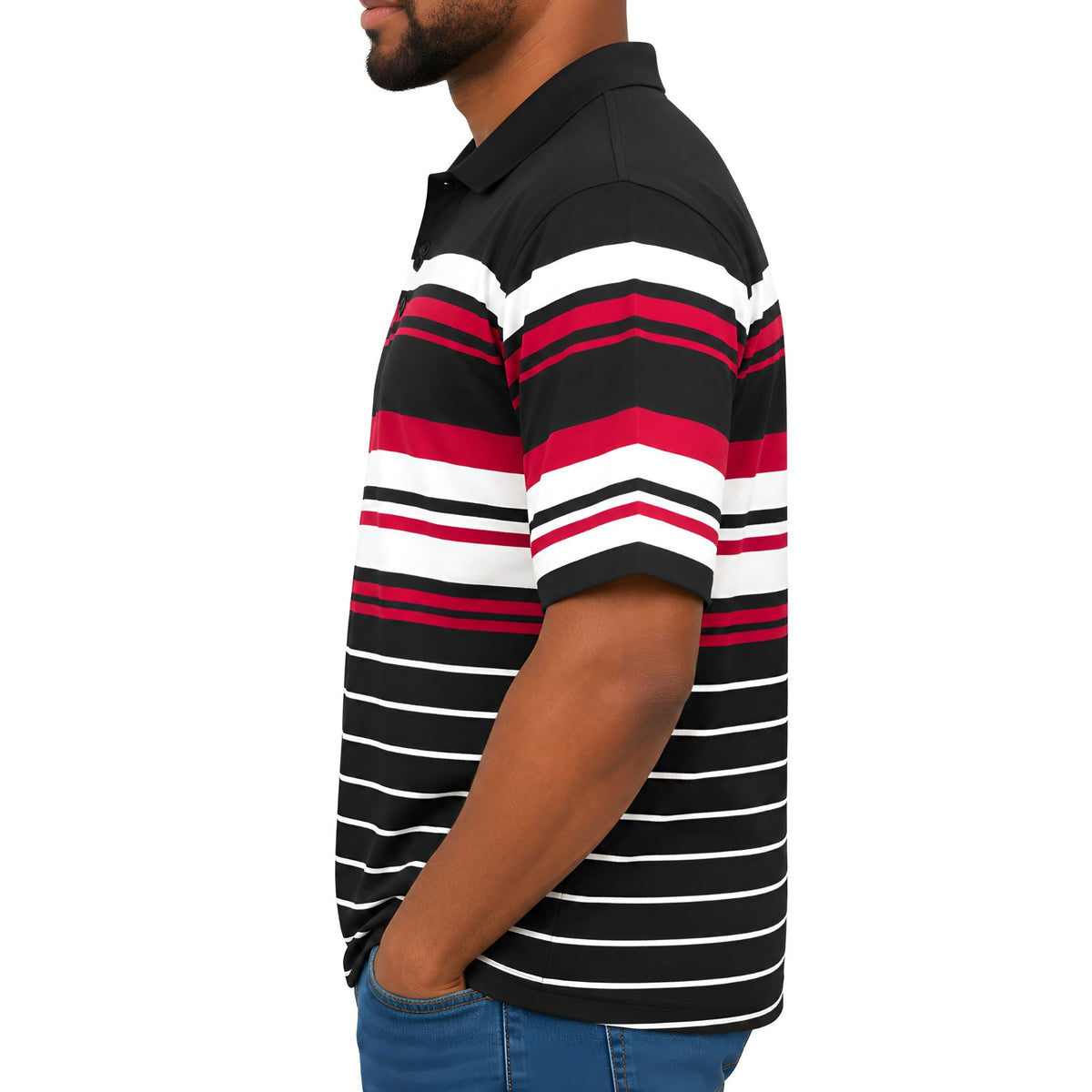 Men’s Striped Cotton Blend Golfer – Black, Red & White