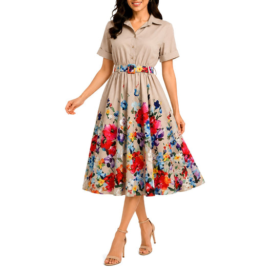 Floral Midi Shirt Dress - Stone