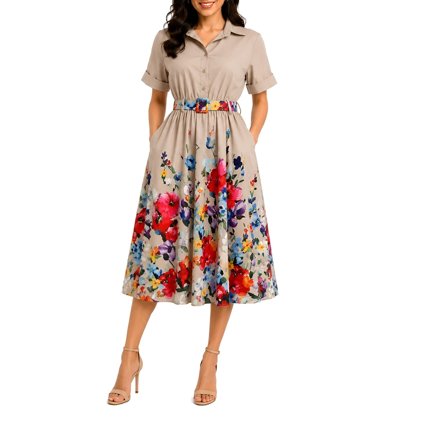 Floral Midi Shirt Dress - Stone