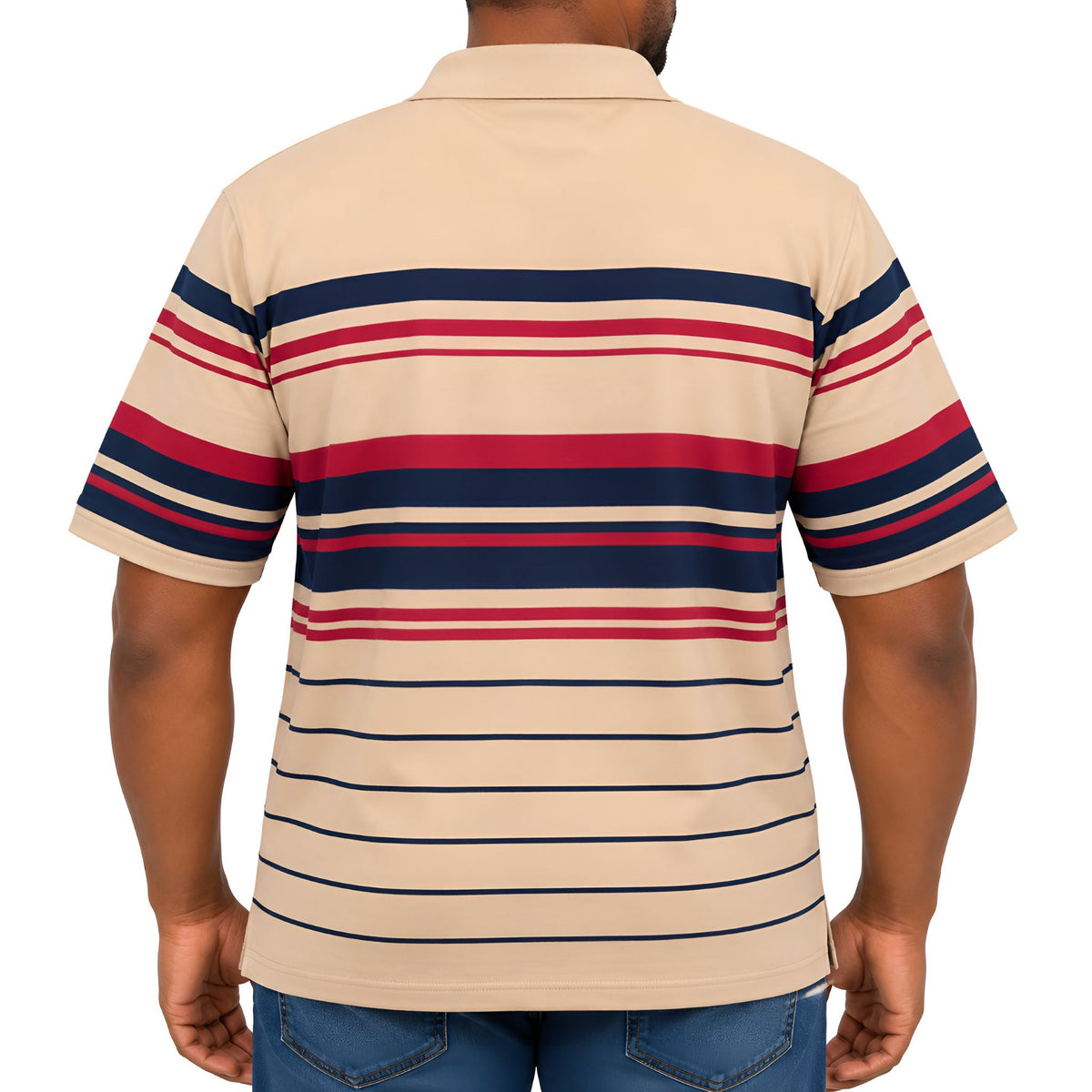 Men’s Striped Cotton Blend Golfer – Beige, Navy & Red