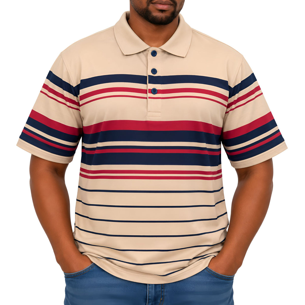Men’s Striped Cotton Blend Golfer – Beige, Navy & Red