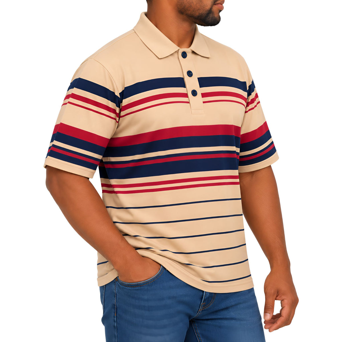 Men’s Striped Cotton Blend Golfer – Beige, Navy & Red
