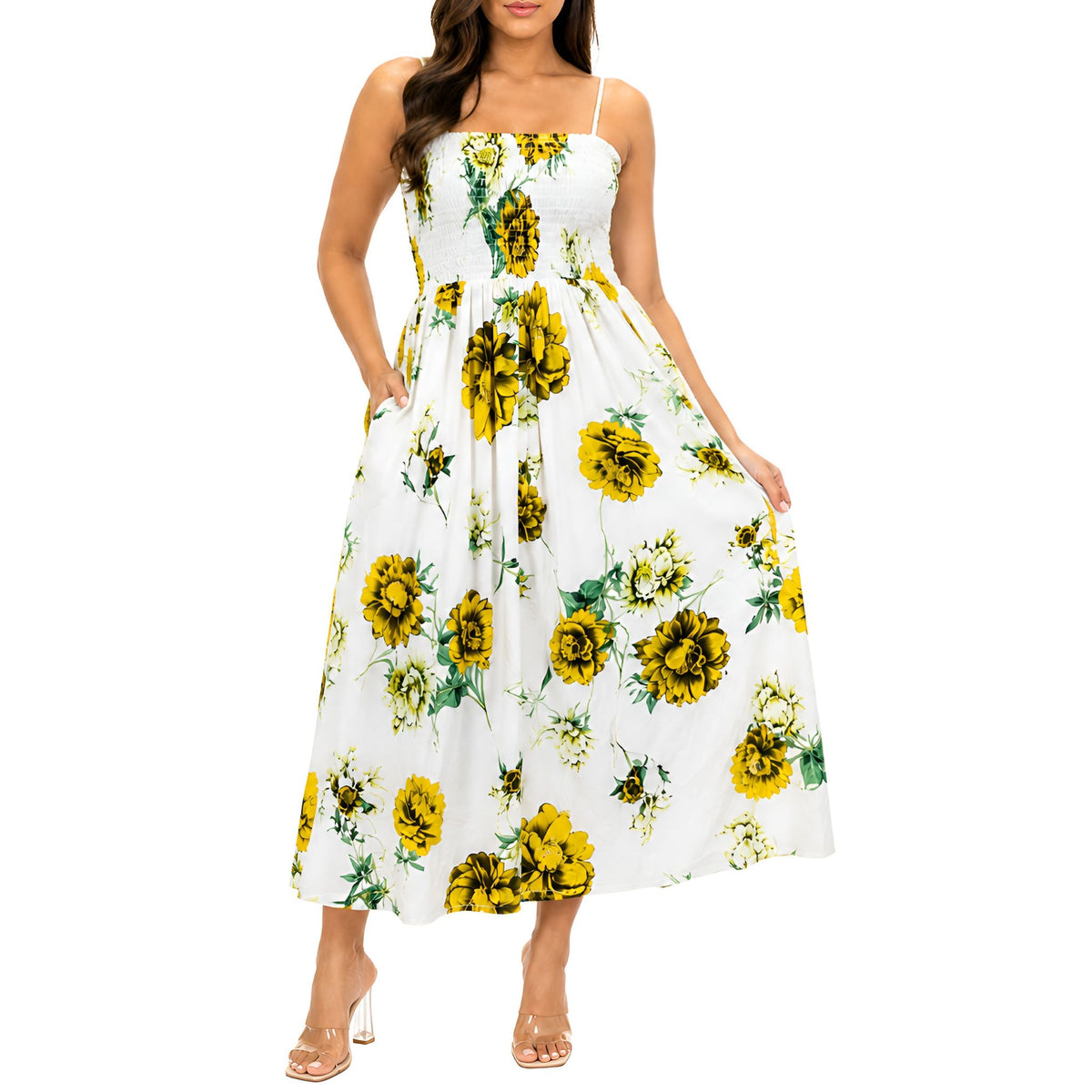 Sunflower Floral Smocked Maxi Dress