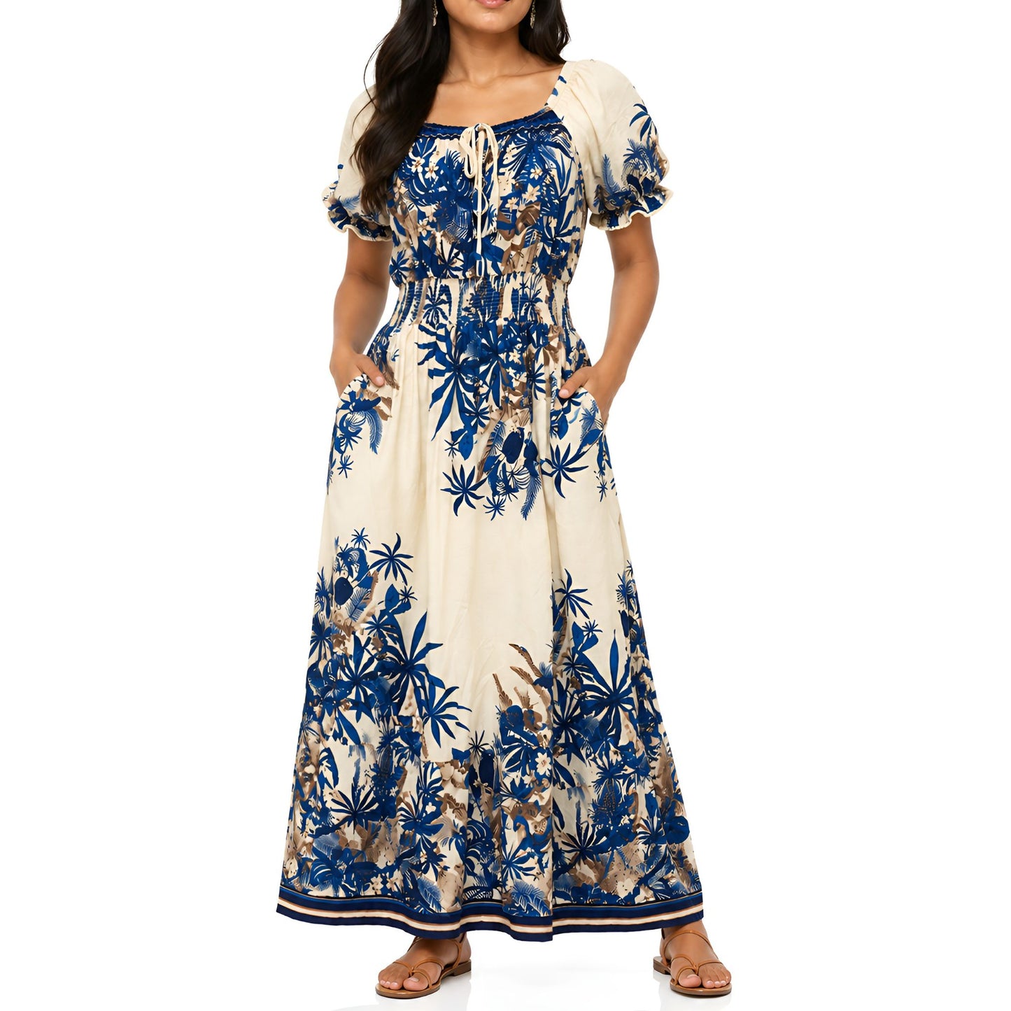 Blue Tropical Print Maxi Dress
