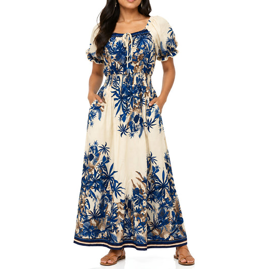 Blue Tropical Print Maxi Dress