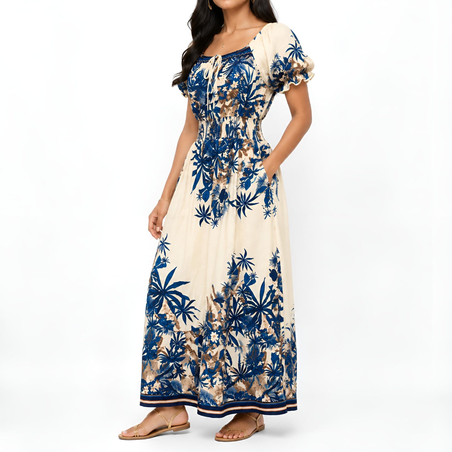 Blue Tropical Print Maxi Dress