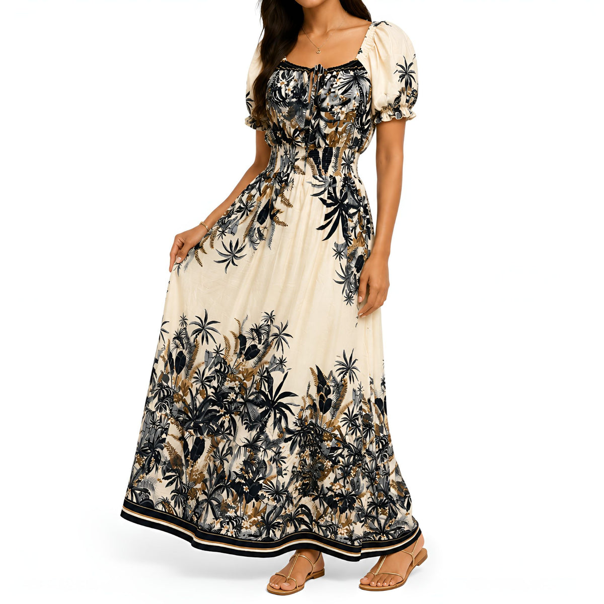 Black Tropical Print Maxi Dress