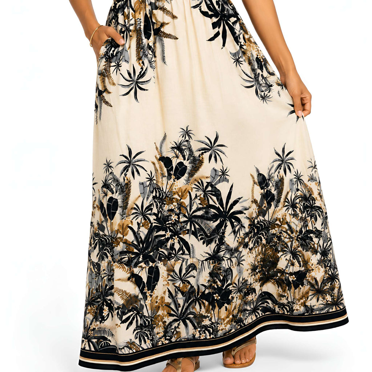 Black Tropical Print Maxi Dress