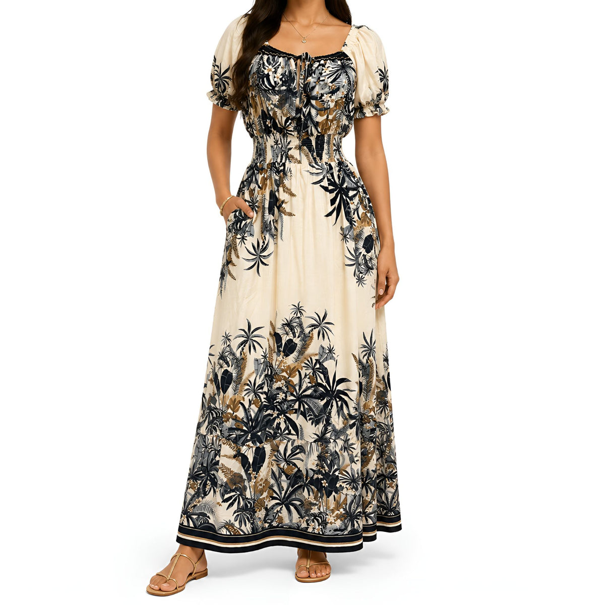 Black Tropical Print Maxi Dress