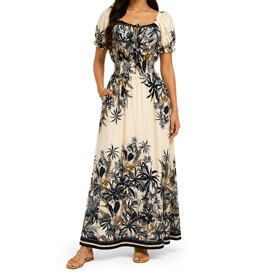 Black Tropical Print Maxi Dress