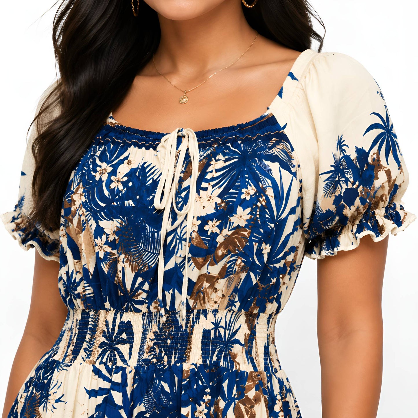 Blue Tropical Print Maxi Dress