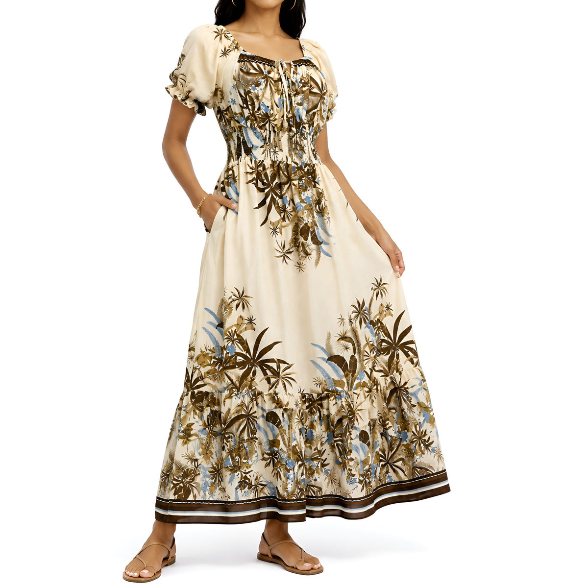 Brown Tropical Print Maxi Dress