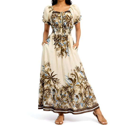 Brown Tropical Print Maxi Dress