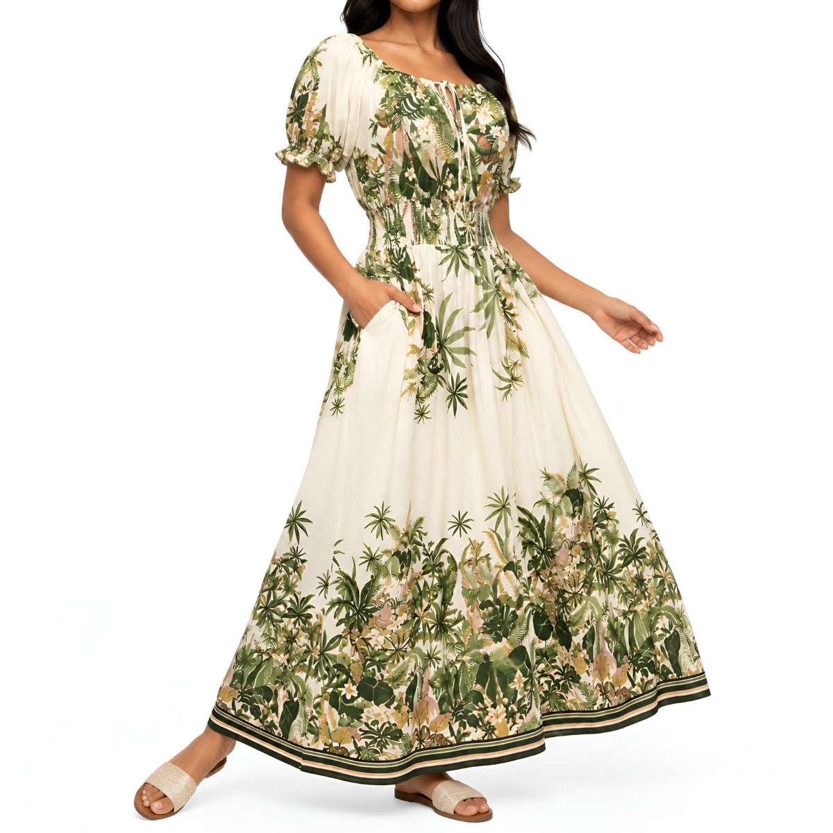 Green Tropical Print Maxi Dress