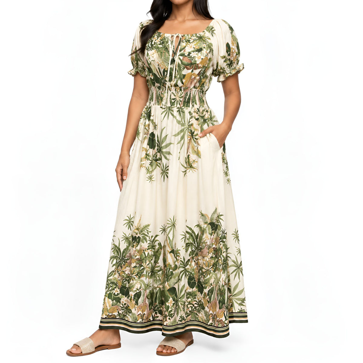 Green Tropical Print Maxi Dress