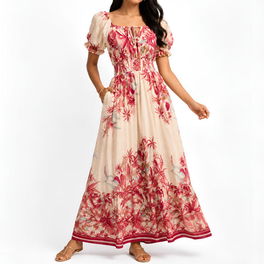 Pink Tropical Print Maxi Dress