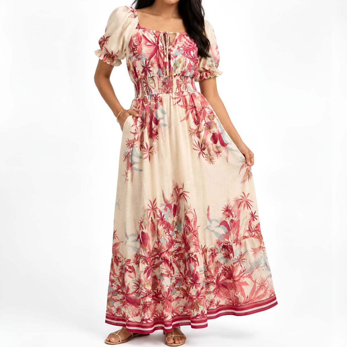 Pink Tropical Print Maxi Dress