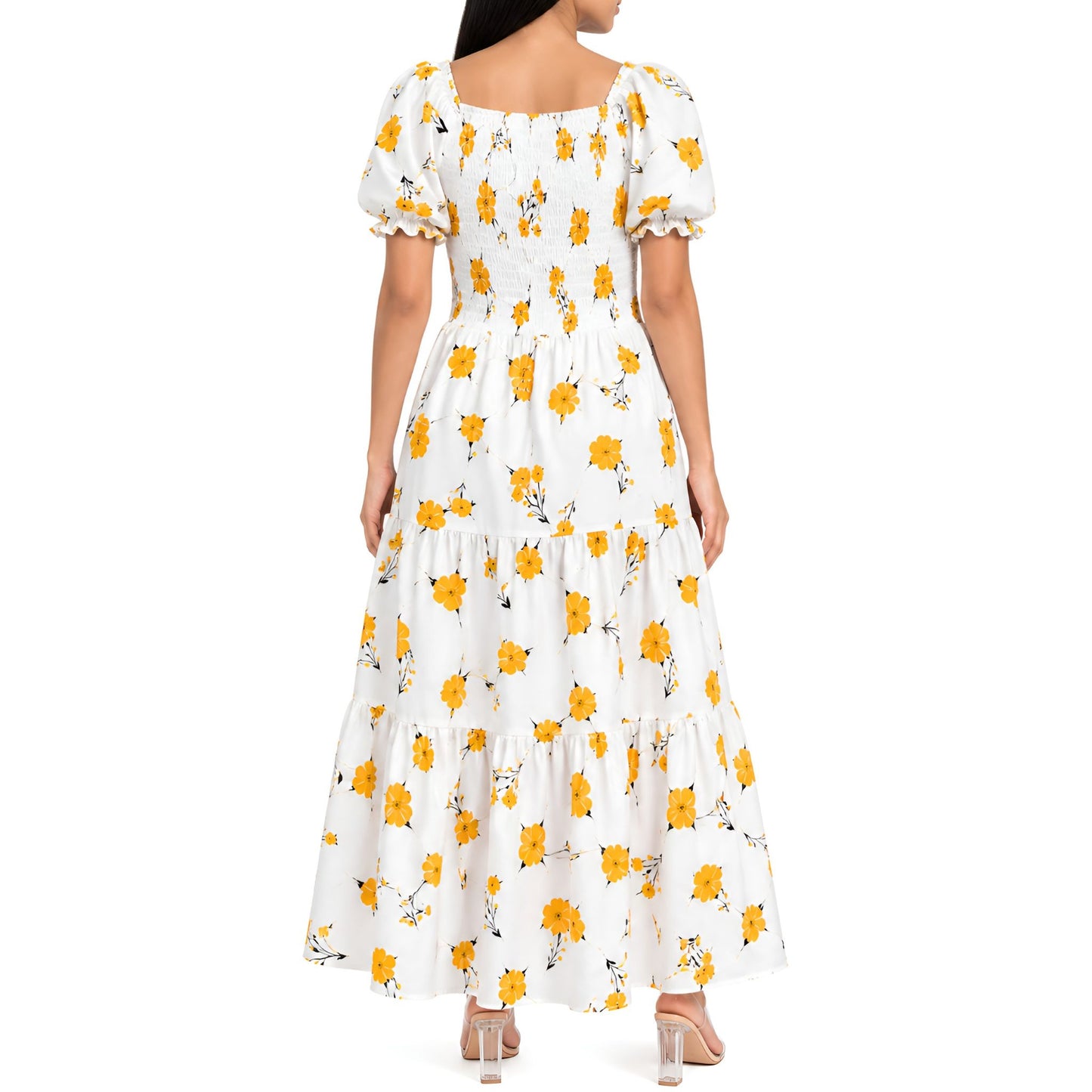Yellow Floral Smocked Maxi Dress