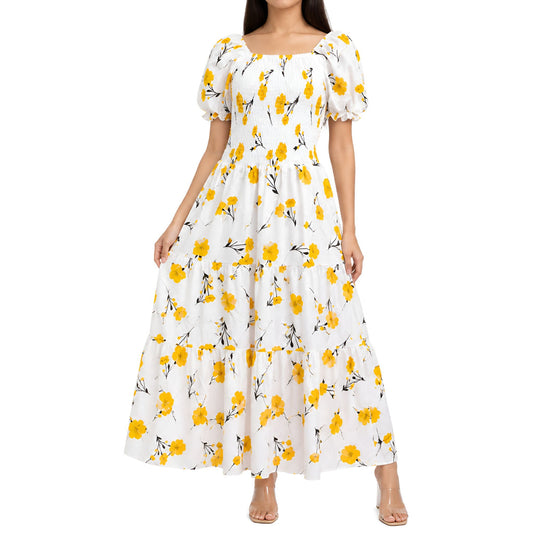 Yellow Floral Smocked Maxi Dress